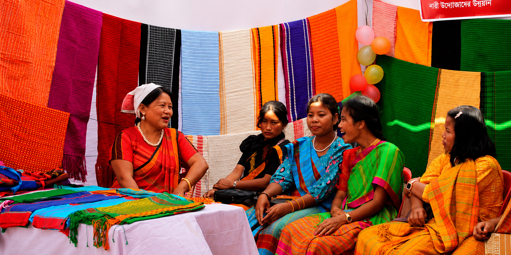 Colorful market gathering with traditional textiles