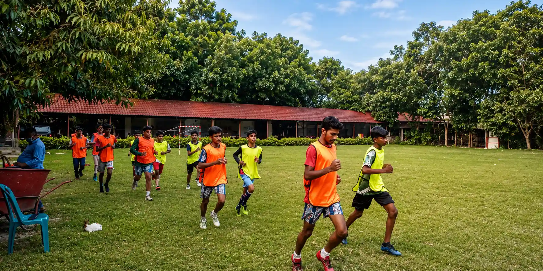Boys football training on the grass field