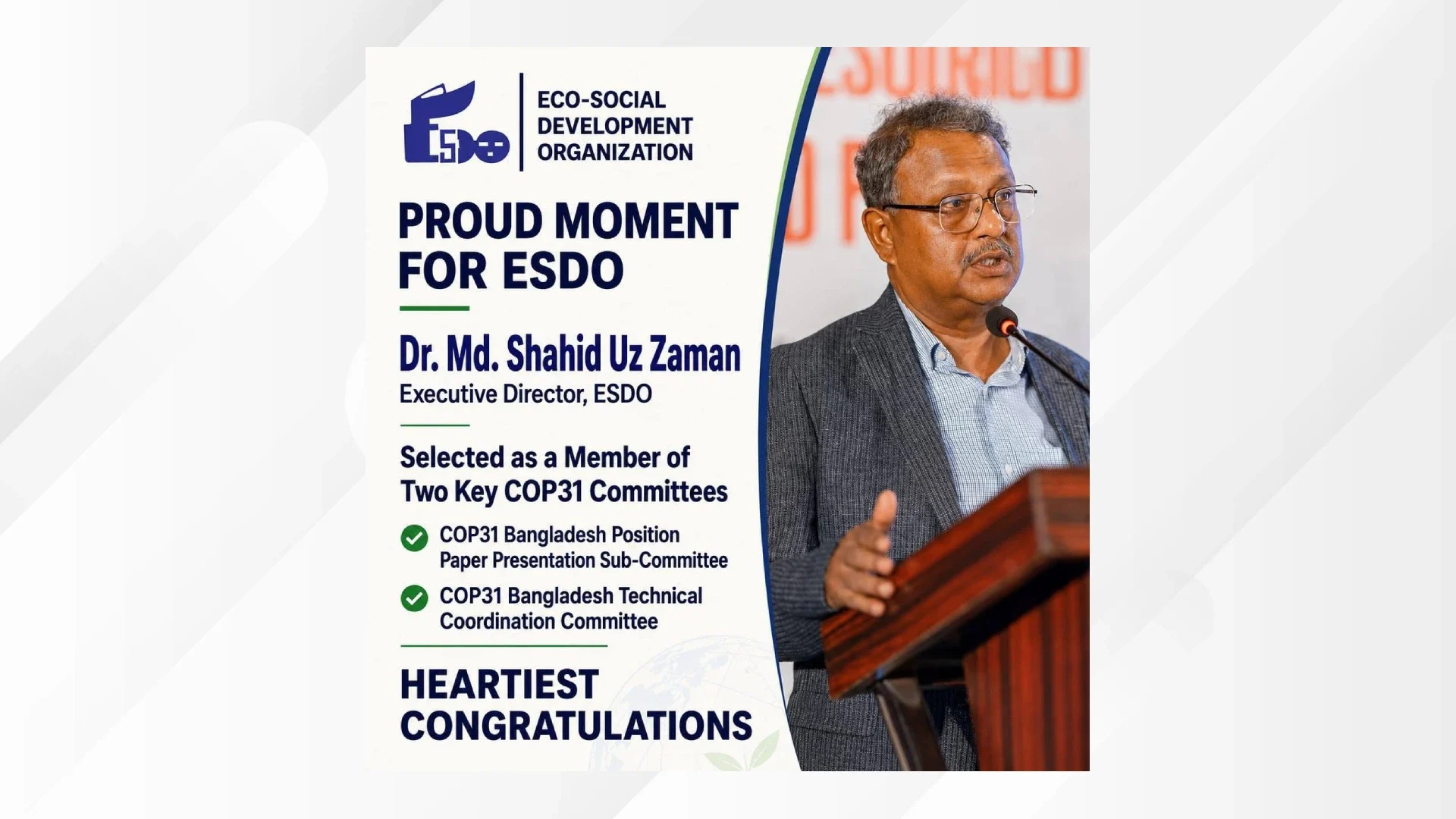 dr md shahid uz zaman selected as a member of two key cop31 committees